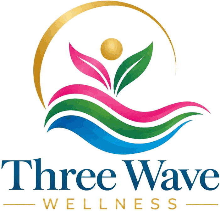 Three Wave Wellness logo: a gold sun above pink and green leaves, over three waves in pink, green and blue